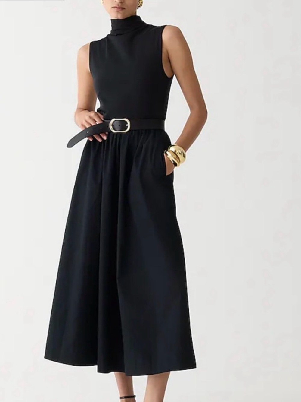 J.Crew Black Fitted knit mockneck dress with cotton poplin skirt, size M